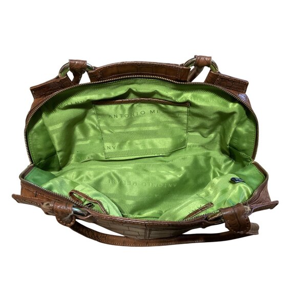 VTG Antonio Melani Purse Satchel Croc Embossed Brown Leather Green Lining 8x13 - Picture 3 of 5